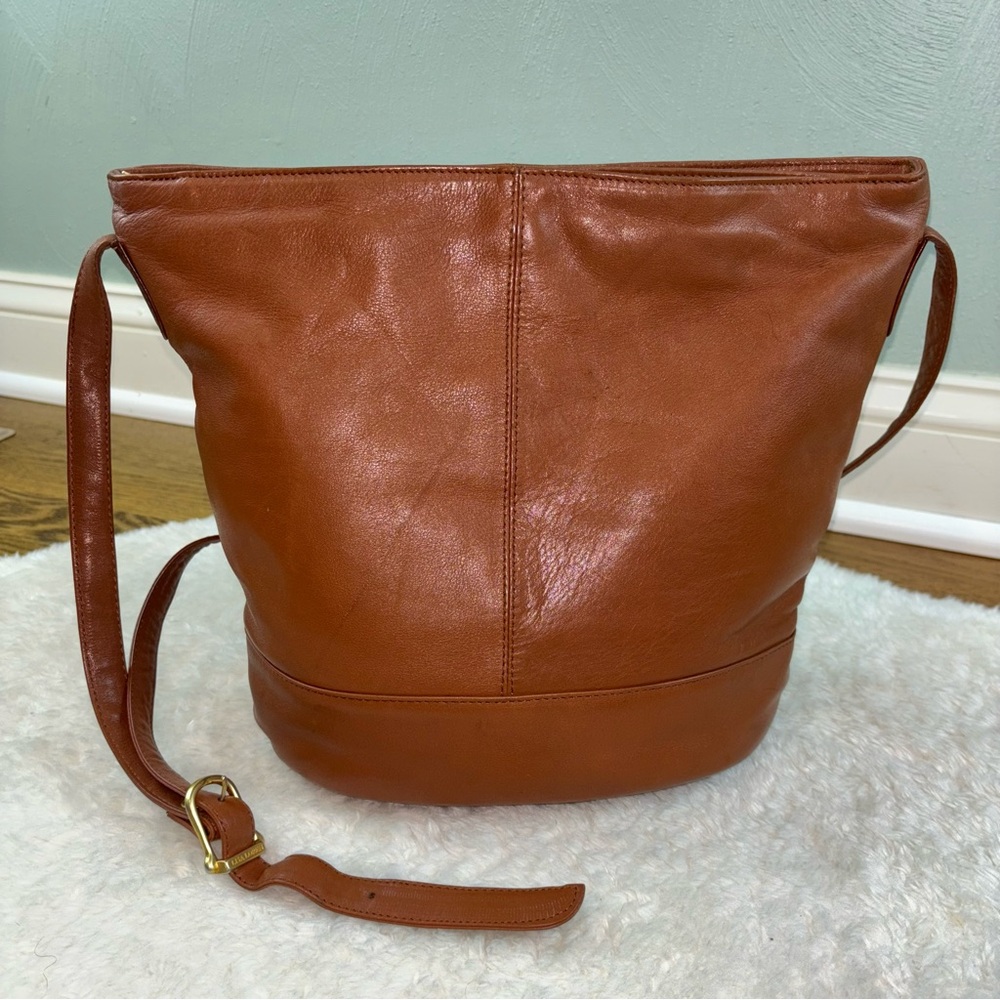Lisa Loren Leather Bucket Bag Dual Compartment Cognac Color 11”x10”